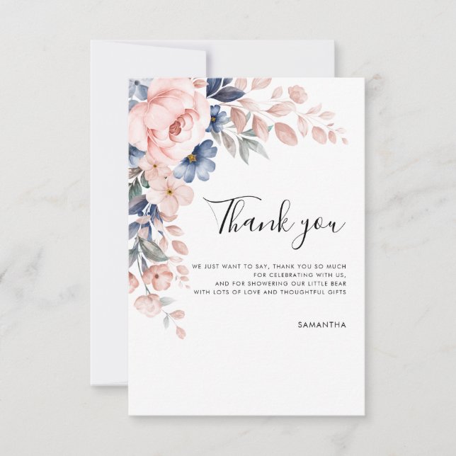 Pink Floral Script Baby Shower Thank You Card (Front)
