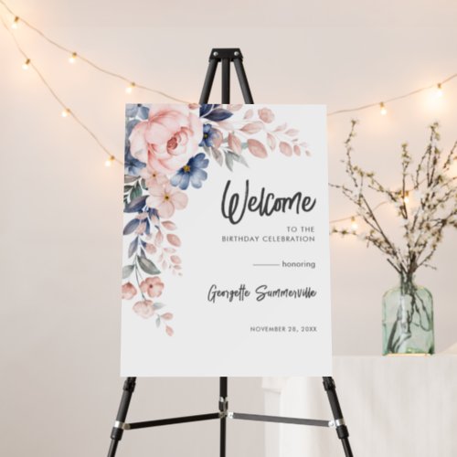 Pink Floral Script Birthday Party Welcome Sign