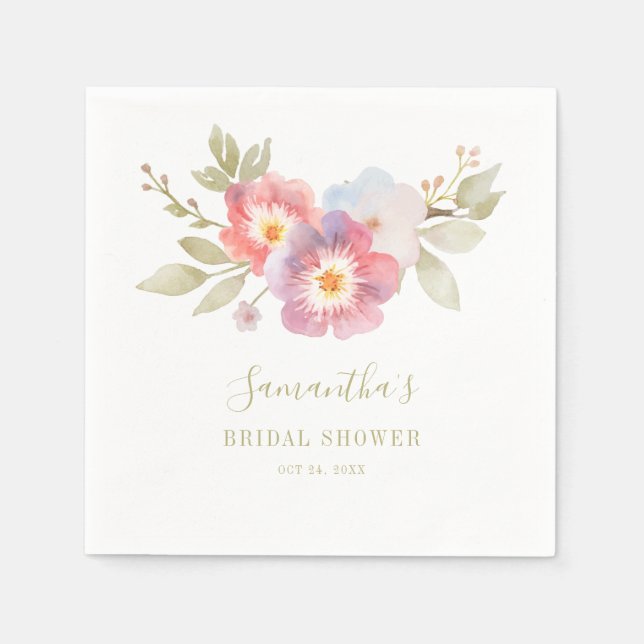 Pink Floral Script Botanical Bridal Shower Napkins (Front)