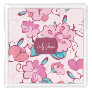 Pink Floral Script Custom Name Graphic Acrylic Tray