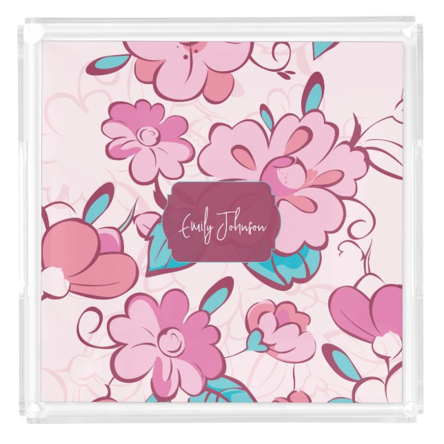 Pink Floral Script Custom Name Graphic Acrylic Tray (Front)