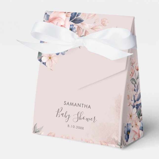 Pink Floral Script Modern Baby Shower Favor Boxes (Front Side)