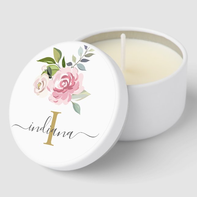 Pink Floral Script Monogram Custom Mini Candle Favors (Corner)