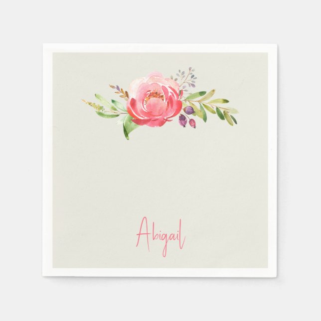 Pink Floral Script Name  Baby Shower  Napkins (Front)