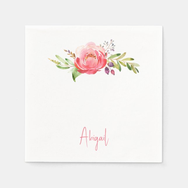 Pink Floral Script Name  Baby Shower White Napkins (Front)