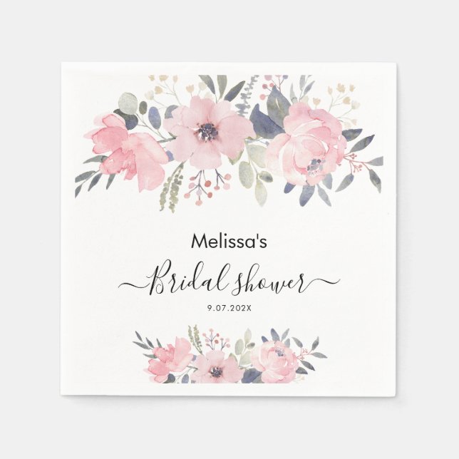 Pink Floral Script Rustic Bridal Shower Paper Napkins (Front)