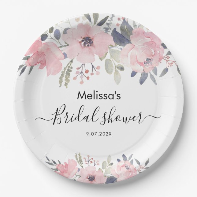 Pink Floral Script Rustic Bridal Shower Paper Plates (Front)