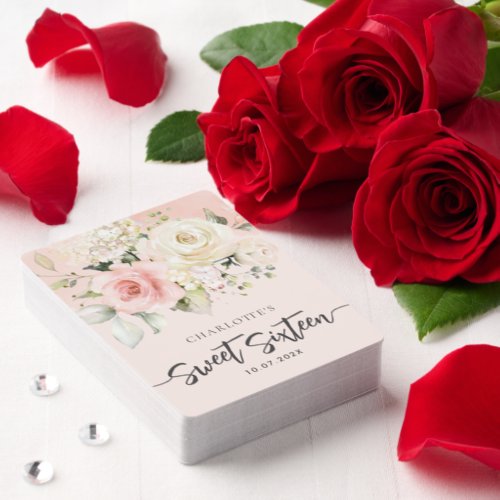 Pink Floral Script Sweet 16 Birthday Keepsake Euchre Cards