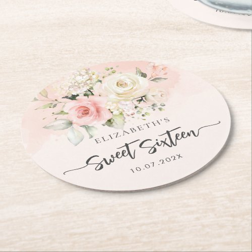 Pink Floral Script Sweet 16 Birthday Party Round Paper Coaster