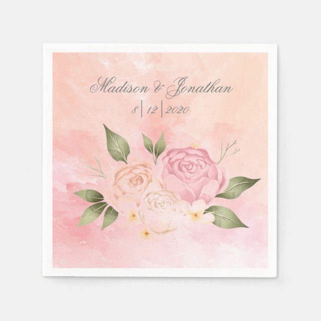 Pink Floral Script Watercolor Napkins (Front)