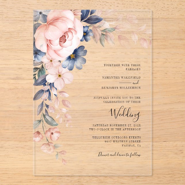 Pink Floral Script Watercolor Wedding Acrylic Invitations (Front)