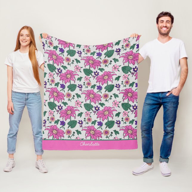 Pink floral seamless pattern personalized name fleece blanket (In Situ)
