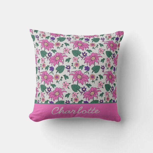 Pink floral seamless pattern personalized name  throw pillow (Front)