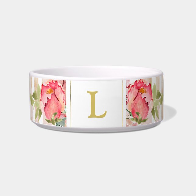 Pink, floral, shabby chic, striped monogrammed bowl (Front)