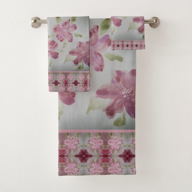 Pink Floral Shabby Chic Watercolour Bath Towel Set (Insitu)
