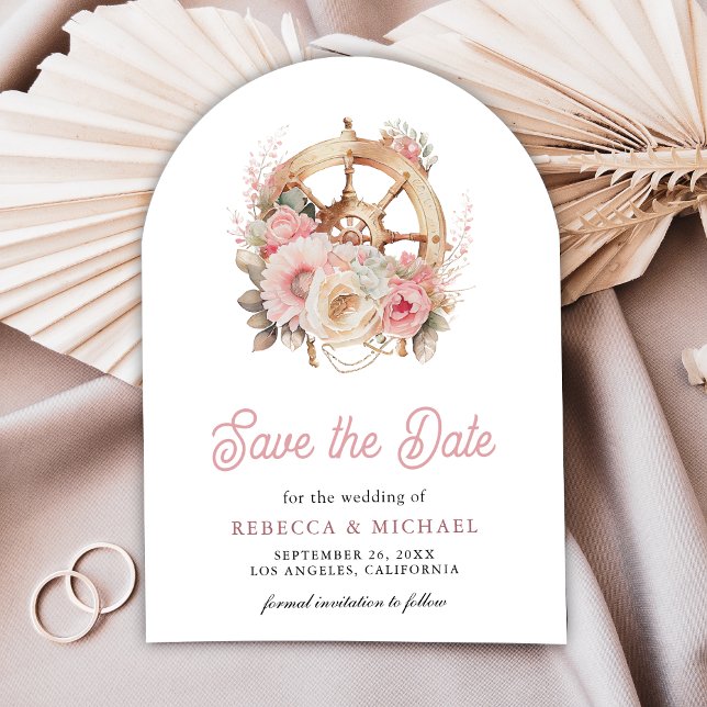 Pink Floral Ship Wheel Nautical Arch Photo Wedding Save The Date (Front)