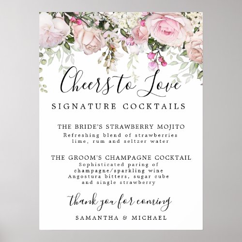 Pink Floral Signature Cocktails Wedding Bar Sign