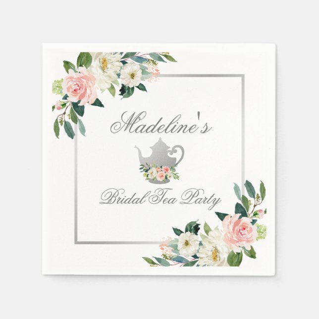 Pink Floral Silver Bridal Shower Tea Party Napkins (Front)