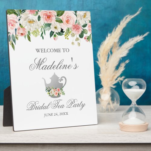 Pink Floral Silver Bridal Shower Tea Party Welcome Plaque