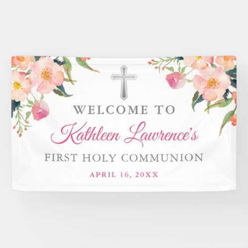 Pink Floral Silver Cross Girl First Holy Communion Banner