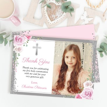 Pink Floral Silver First Holy Communion Photo Thank You Card