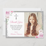 Pink Floral Silver First Holy Communion Photo Thank You Card