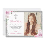 Pink Floral Silver First Holy Communion Photo Thank You Card Pink Floral Silver First Holy Communion Photo Thank You Card