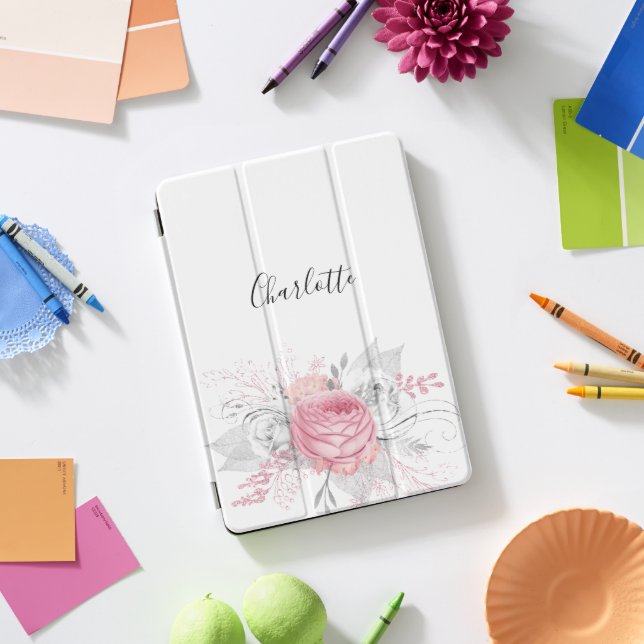 Pink floral silver foliage white name elegant iPad pro cover (Desk)