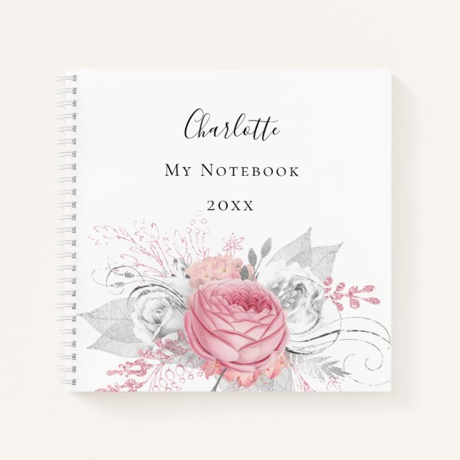 Pink floral silver foliage white name elegant notebook (Front)