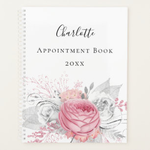Pink floral silver foliage white name script planner