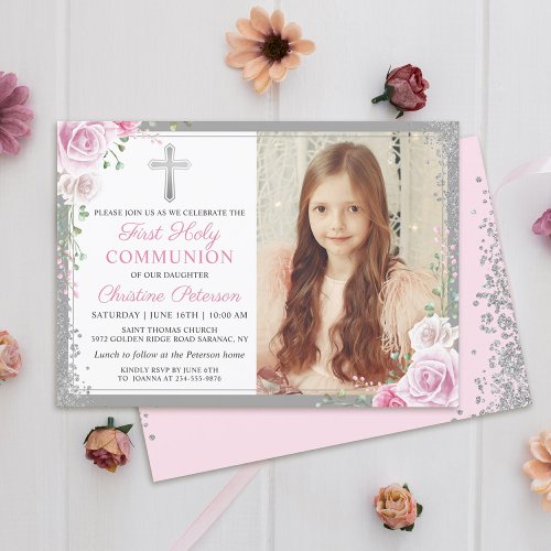 Pink Floral Silver Girl First Holy Communion Photo Invitation