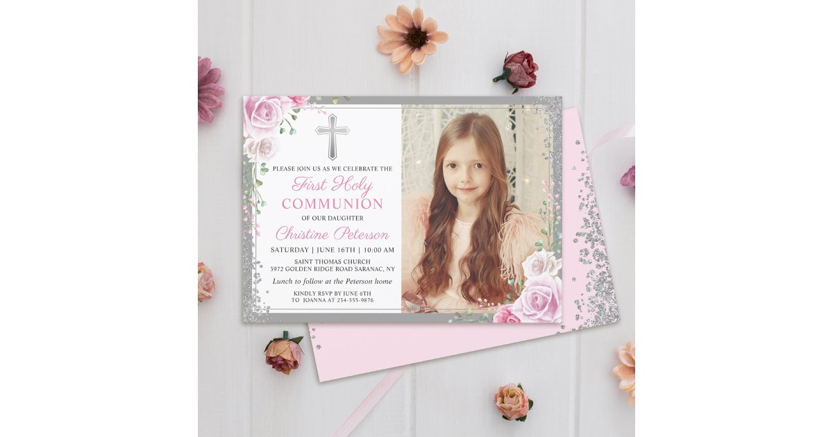 Pink Floral Silver Girl First Holy Communion Photo Invitation | Zazzle