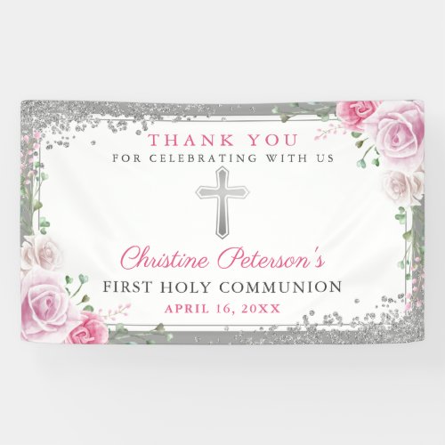 Pink Floral Silver Glitter First Holy Communion Banner