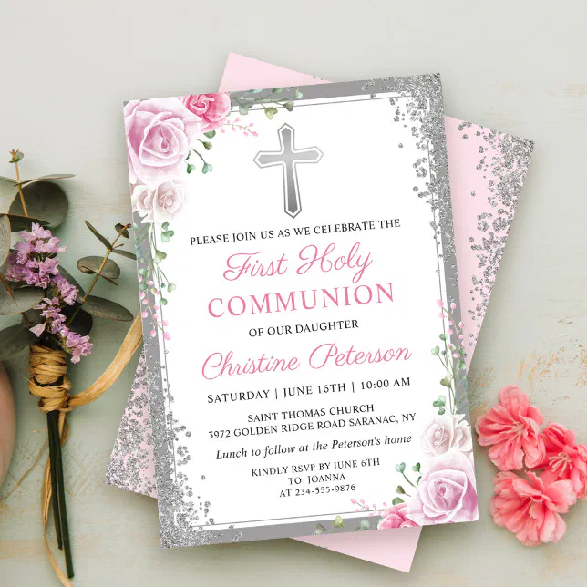 Pink Floral Silver Glitter First Holy Communion Invitation | Zazzle