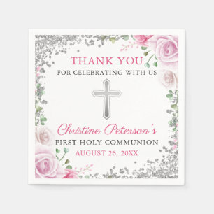 Pink Floral Silver Glitter First Holy Communion Napkins