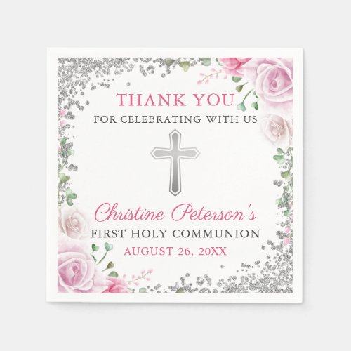 Pink Floral Silver Glitter First Holy Communion Napkins