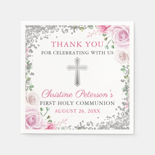 Pink Floral Silver Glitter First Holy Communion Napkins (Front)