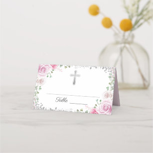 Pink Floral Silver Glitter First Holy Communion Place Card