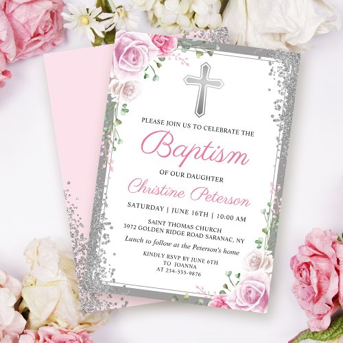 Pink Floral Silver Glitter Girl Baptism Invitation