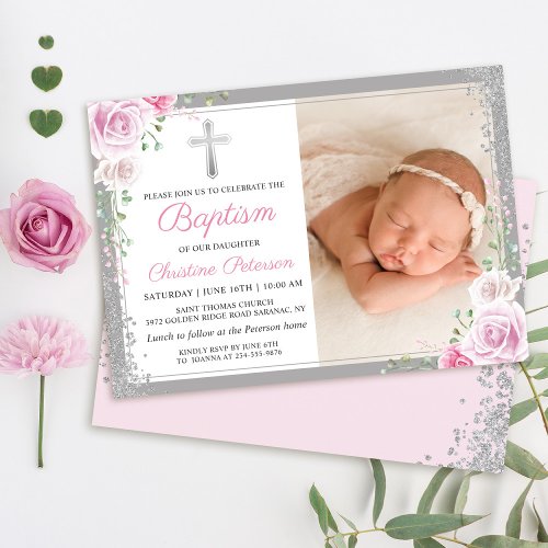 Pink Floral Silver Glitter Girl Baptism Photo Invitation