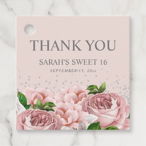 Pink Floral Silver Glitter Sweet 16 Thank You Favor Tags