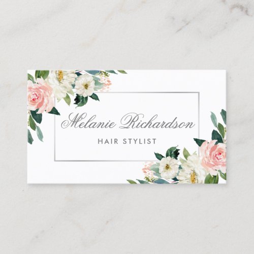 Pink Floral Silver Hair Stylist Appointment Card