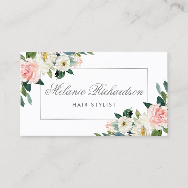 Pink Floral Silver Hair Stylist Appointment Card (Front)
