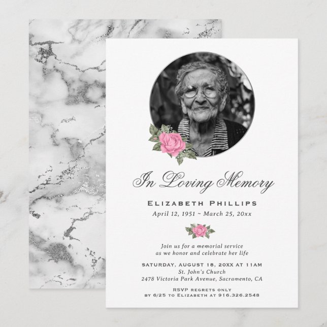 Pink Floral Silver Marble Photo Memorial Service Invitation (Front/Back)