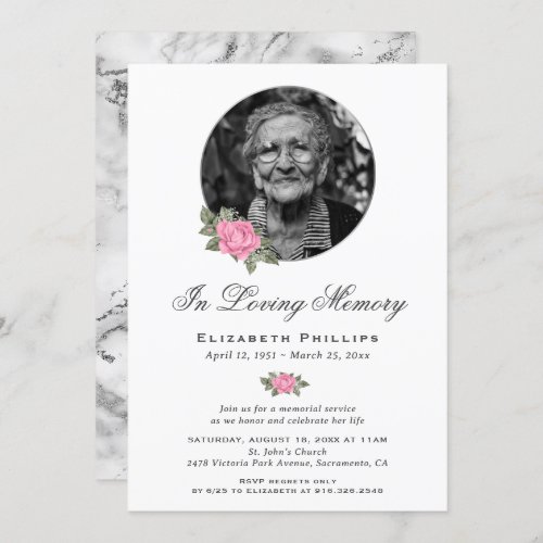 Pink Floral Silver Marble Photo Memorial Service Invitation