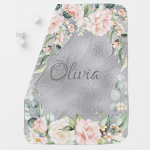 Pink Floral Silver Metallic Name Baby Girl Baby Blanket