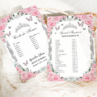 Pink Floral Silver Quinceañera Mis Padrinos Card