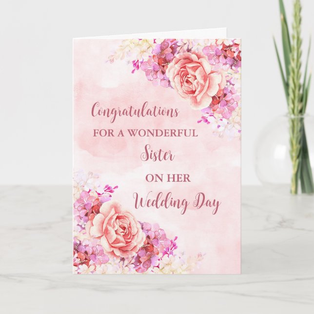 Pink Floral Sister Wedding Day Congratulations Card (Front)