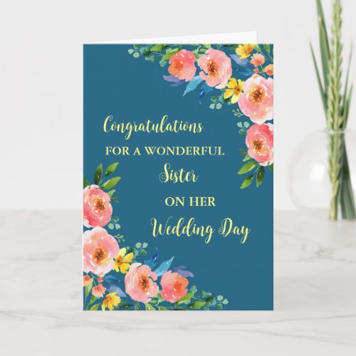 Pink Floral Sister Wedding Day Congratulations Card