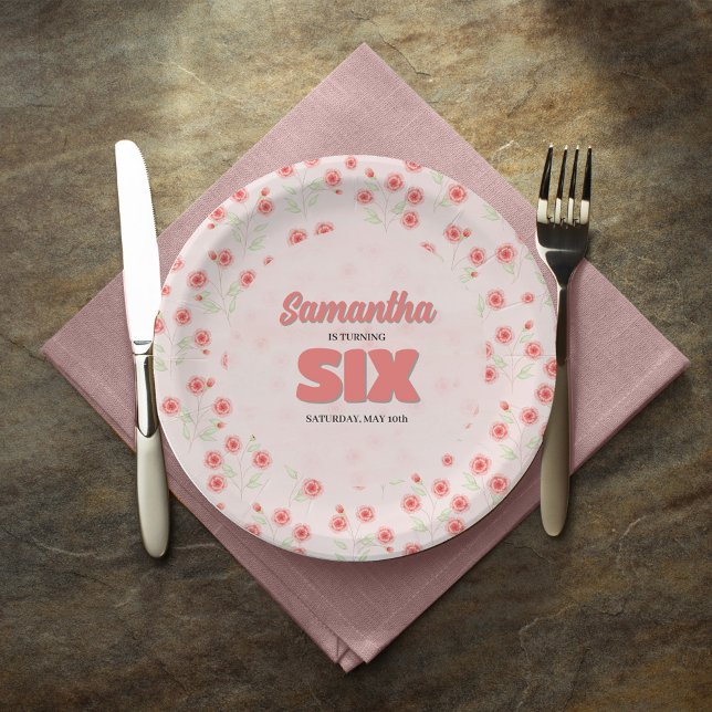 Pink Floral Sixth Birthday Girl Party Custom Paper Plates (Celebrate her sixth birthday in style with custom party paper plates. )
